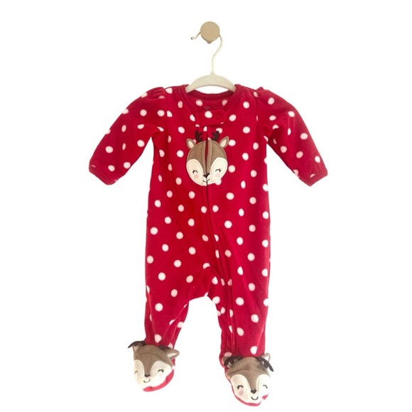 Just One You By Carter'S Other - Carter's Red Polka Dot Zip-Up Footie with Cute Reindeer - Newborn Baby Girl